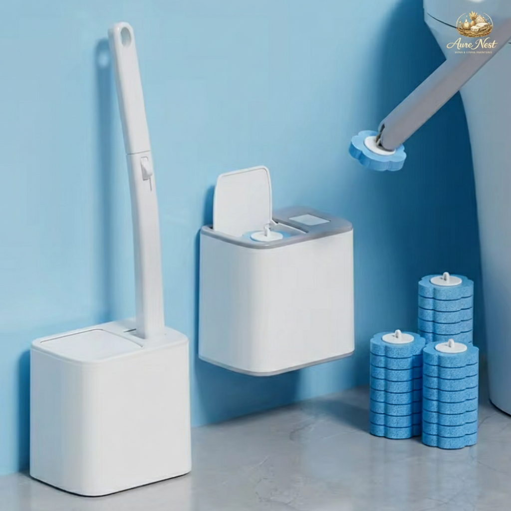 AureNest™ - NextGen Disposable Toilet Cleaning System – Wall-Mounted Wand with 24 Scrubber Refills
