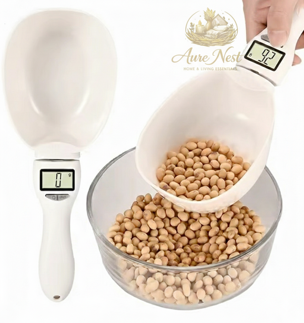 AureNest™ - Precision Digital Measuring Spoon Scale – 800g/1g Electronic Kitchen Scoop for Food & Pet Nutrition